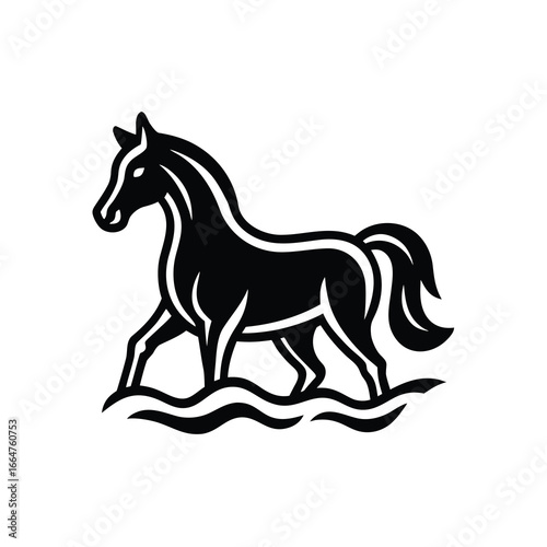 Vector art of elegant black silhouette of a horse standing in stylized water