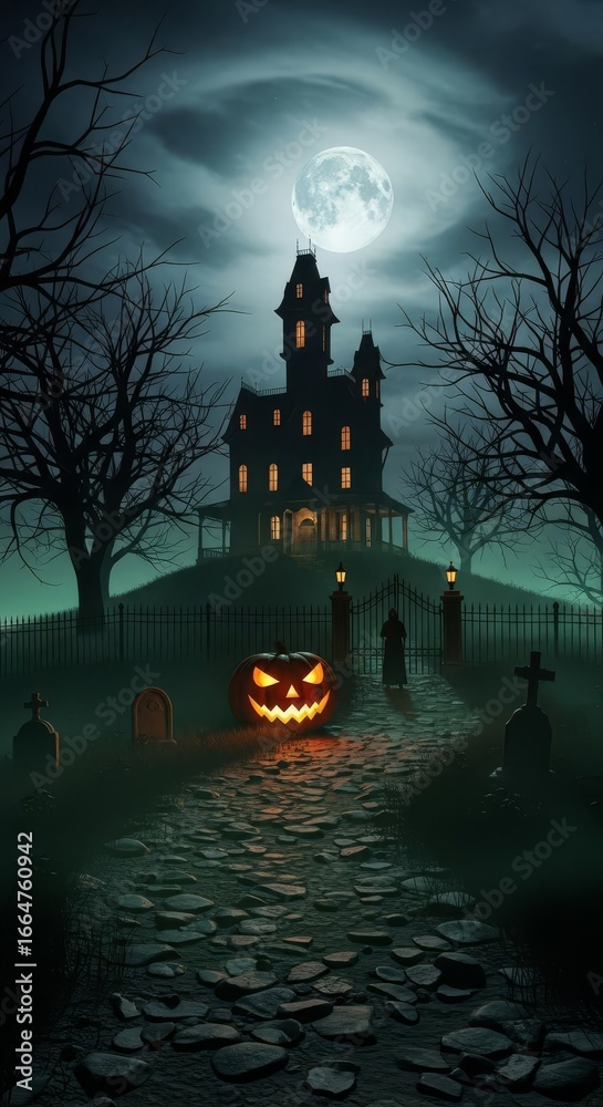 Fototapeta premium creepy cemetery with old tombstones and glowing pumpkin