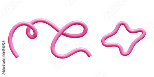 Pink 3d doodle line elements with glossy finish - curved loop, wavy ribbon outline for decorative design. Smooth plastic shapes on white bg for playful graphics or modern children illustration.