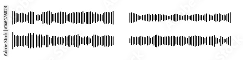 Black podcast sound wave patterns with varying amplitude bars for audio visualization and media interfaces. Digital frequency lines on white bg for music players, recording apps or broadcast design.