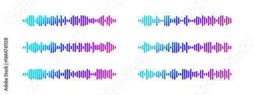 Colorful gradient podcast sound wave visualization with blue purple pink frequency bars for audio interfaces. Dynamic waveform patterns for music streaming apps, recording software or media players.