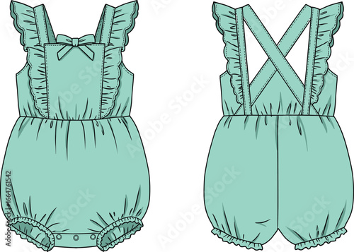 Baby romper fashion flat sketch, infant clothing design template, cute ruffle outfit vector, front and back view, toddler apparel illustration, newborn garment pattern drawing