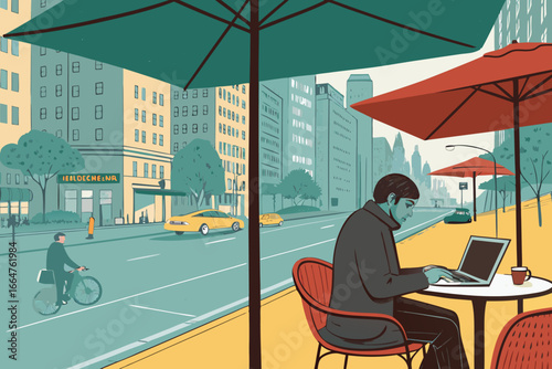 Remote worker enjoying coffee outside cafe under umbrella.