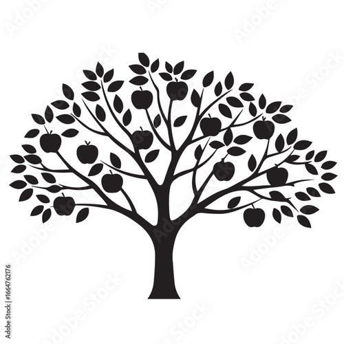 Silhouette of an apple tree with ripe apples and leaves on a white background fruit nature