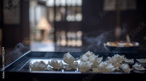 White flower petals release fragrant steam in a dimly lit, serene setting