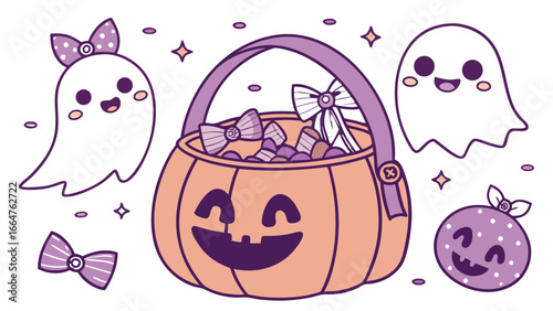 Pastel Halloween Pattern with Purple Colored Cute Ghosts and Pumpkins Silhouette Vector Illustration  