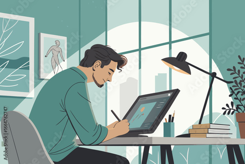 Remote worker digitally drawing on a tablet.