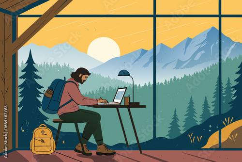 Remote worker with backpack on mountain peak.