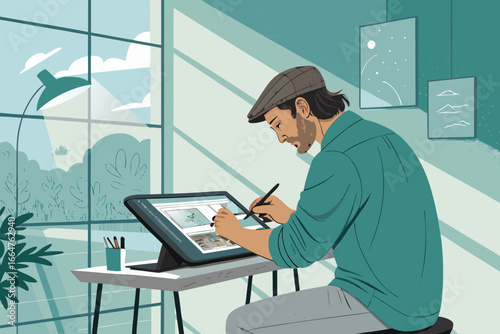 Remote worker using a digital drawing tablet creatively.