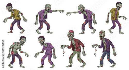 A collection of illustrated zombies walking forward. Halloween theme