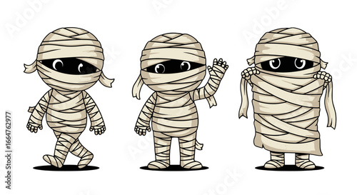 Three friendly cartoon mummies with bandages and cute facial expressions, ideal for Halloween content