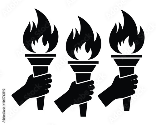 Black silhouette illustrations of hands holding three burning torches