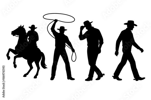 Silhouette of a cowboy performing various actions: riding a horse, tossing a lasso, and walking