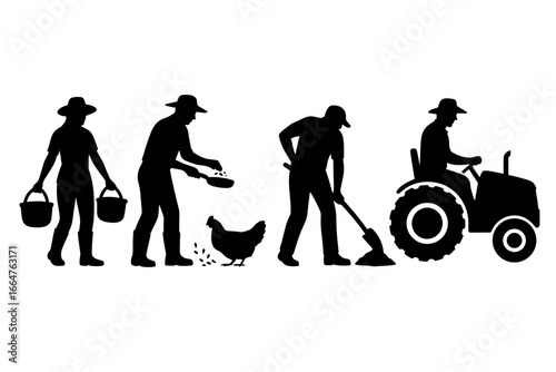 Silhouettes depicting the daily life of a farmer with activities such as carrying bucket, feeding chicken, hoeing soil, and driving tractor.