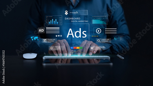 Digital marketing and online advertising concept. Professional analyzes ad performance dashboard with data and charts. customer engagement insights, social media strategy, audience targeting, SEO.