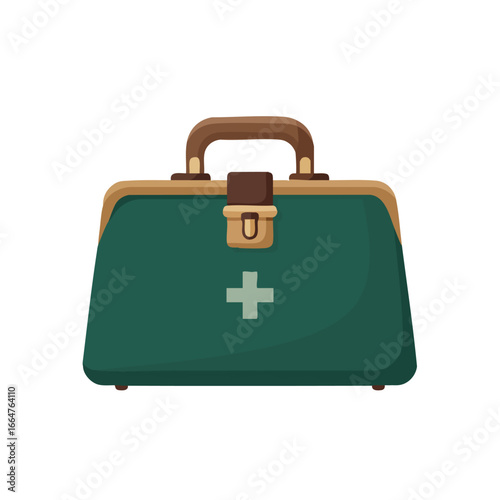 A classic green doctor's bag with a brown handle and clasp, featuring a white medical cross symbol, isolated on a white background.