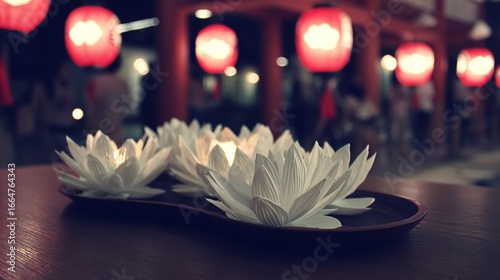 White lotus flowers glow under red lanterns at night