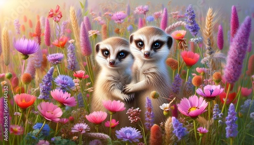 two adorable meerkats nestled together in a vibrant wildflower meadow. the image has a wonderfully whimsical, almost fairy-tale quality to it
