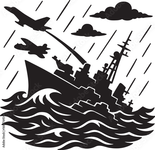 Warships and warplanes together in the turbulent sea.  উত্তাল সাগরে যুদ্ধ জাহাজ এবং যুদ্ধ বিমান