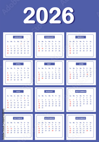 Monthly calendar layout for  Year 2026 . Diary planner for Year 2026 . Week Starts on Sunday.  