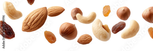 Assorted nuts and dried fruits floating in mid-air on transparent background. Includes almonds, cashews, hazelnuts, and raisins. Ideal for healthy food concepts, packaging, and snack branding.