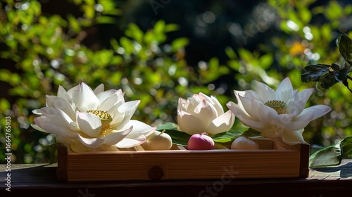 White lotus flowers and smooth stones in a zen garden