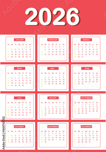 Monthly calendar layout for  Year 2026 . Diary planner for Year 2026 . Week Starts on Sunday.  