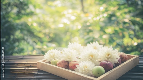 White flowers and fresh apples arranged in a wooden tray