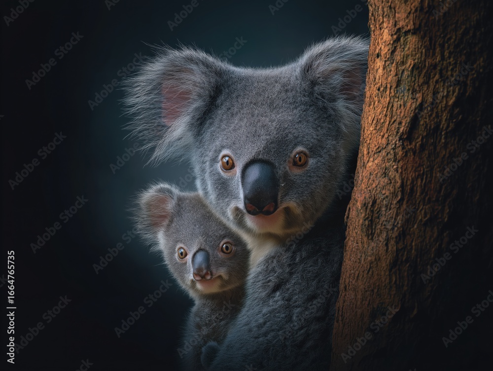 Obraz premium Two koalas, one adult and one juvenile, are nestled against a tree trunk, showcasing their soft fur and expressive eyes in a serene natural environment
