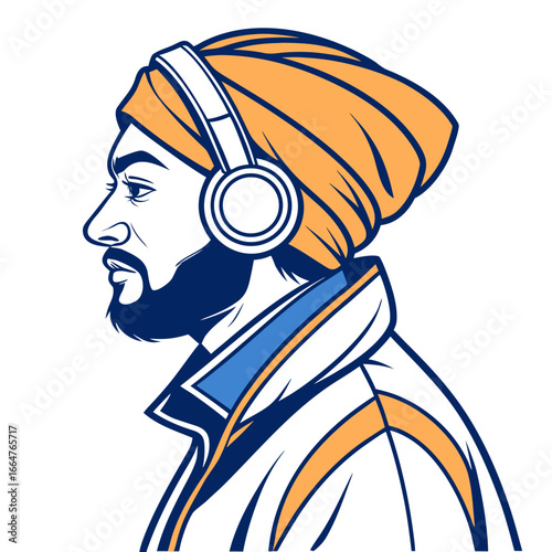 Indian man with turban and headphones.