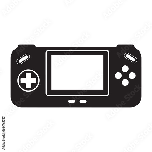 Silhouette of a black handheld video game console with a blank white screen and controller buttons