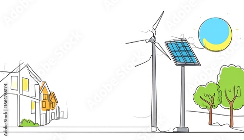 A sketch depicting a neighborhood integrated with renewable energy sources, including wind turbines and solar panels, showcased in a simple line drawing style.