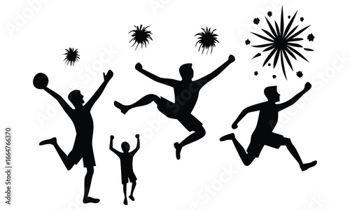 Silhouettes of jumping and dancing people, a fun vector illustration of a team's evolution