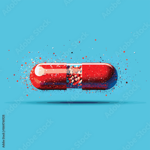 Dissolution of a pill close up on a blue background, the effect of a medicine or dietary supplement, vector style simple color