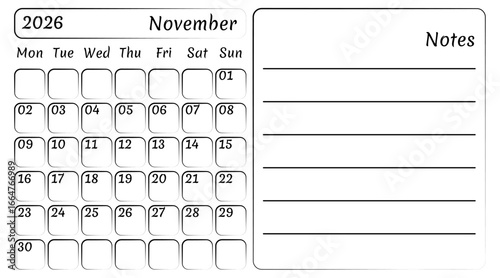 Autumn calendar November 2026 with copy space and notes. Vector, handy template of isolated monthly calendar in flat style. Possibility to add reminders, notes, plans, statistics and habits