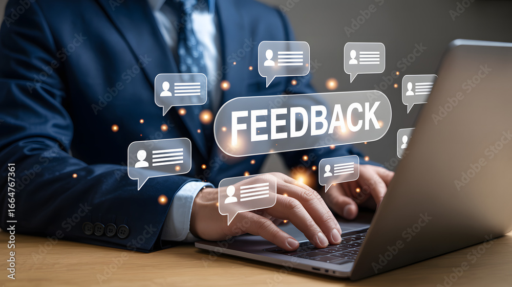 Naklejka premium Businessman receives customer feedback through digital communication on laptop