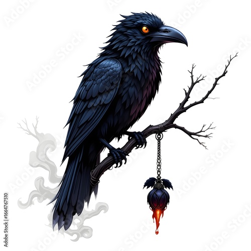 Gothic Raven on Barren Branch with Dripping Lantern for Halloween and Dark Fantasy Illustrations