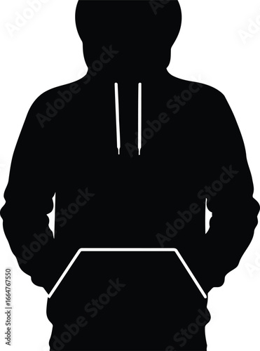 Silhouette of a person wearing a hoodie with hands in pockets on a plain background vector
