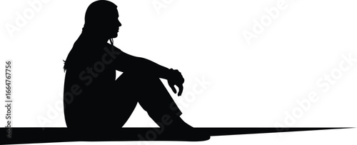 Contemplative silhouette person sitting outdoor solitude quiet reflection vector