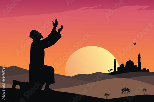 Silhouette of Muslim man raising hands in dua.