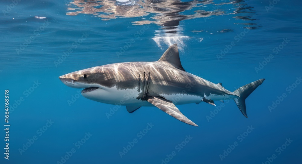 Naklejka premium Majestic Great White Shark Swimming Gracefully in Deep Blue Ocean Waters
