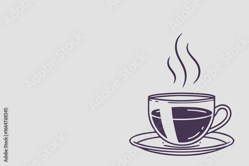 Vector illustration of steaming hot coffee cup on saucer with minimalist style