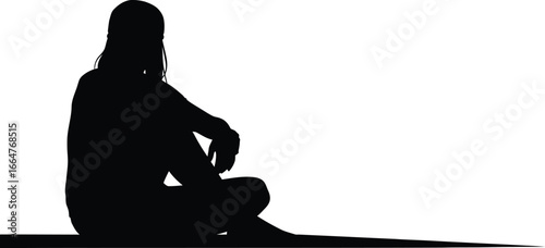 Silhouette of woman sitting outdoors looking thoughtful vector