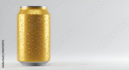 Golden metallic can against neutral background for branding or packaging design