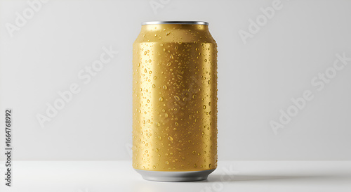Golden metallic can against neutral background for branding or packaging design