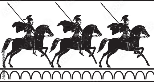 Three black silhouette figures of ancient Greek warriors on horseback, carrying spears, marching in a frieze with an arched base on a white background