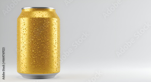 Golden metallic can against neutral background for branding or packaging design