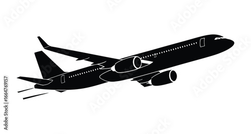Black silhouette of commercial airplane taking off symbolizing aviation, air travel, transportation, and global connectivity