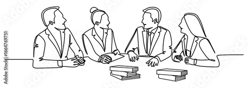 Continuous line art of a group of men and women in business suits discussing their work with a pile of books in front of them. Concept of a compact work team. Vector illustration.