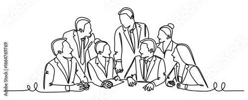 Continuous line art of a group of men and women in business suits discussing their work. Concept of a compact work team. Vector illustration.